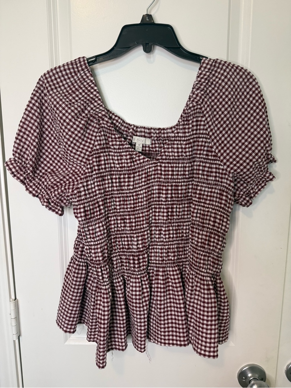 Sky Burgundy Gingham Smocked Peplum Top